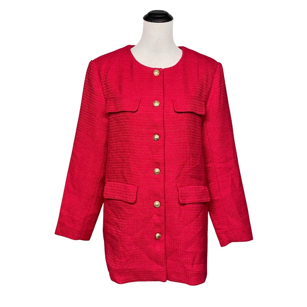 Marled Tweed Blazer Jacket Women Large Red Gold Crest Button Longline Classic